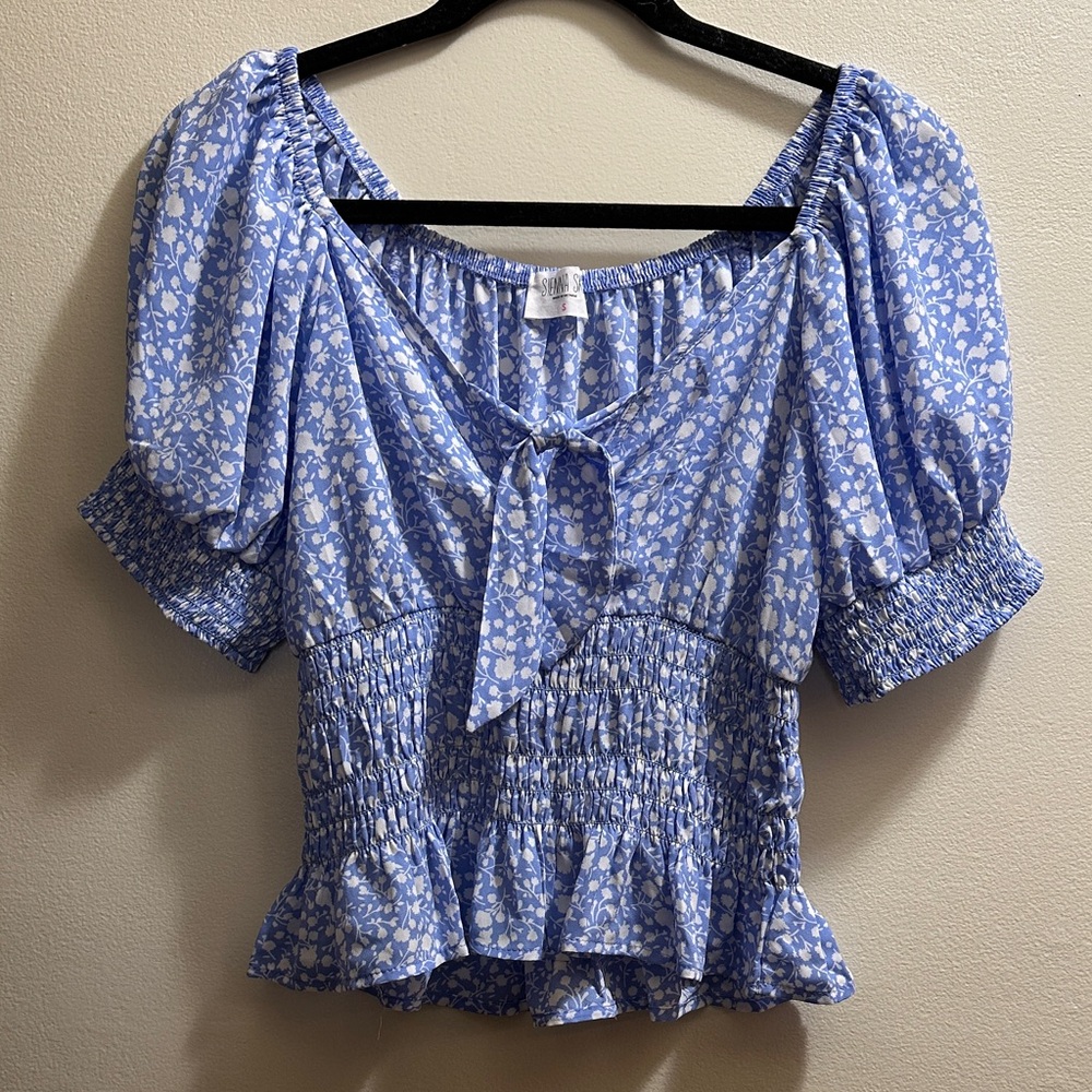 Sienna Sky Light Blue Floral Puff Sleeve Blouse